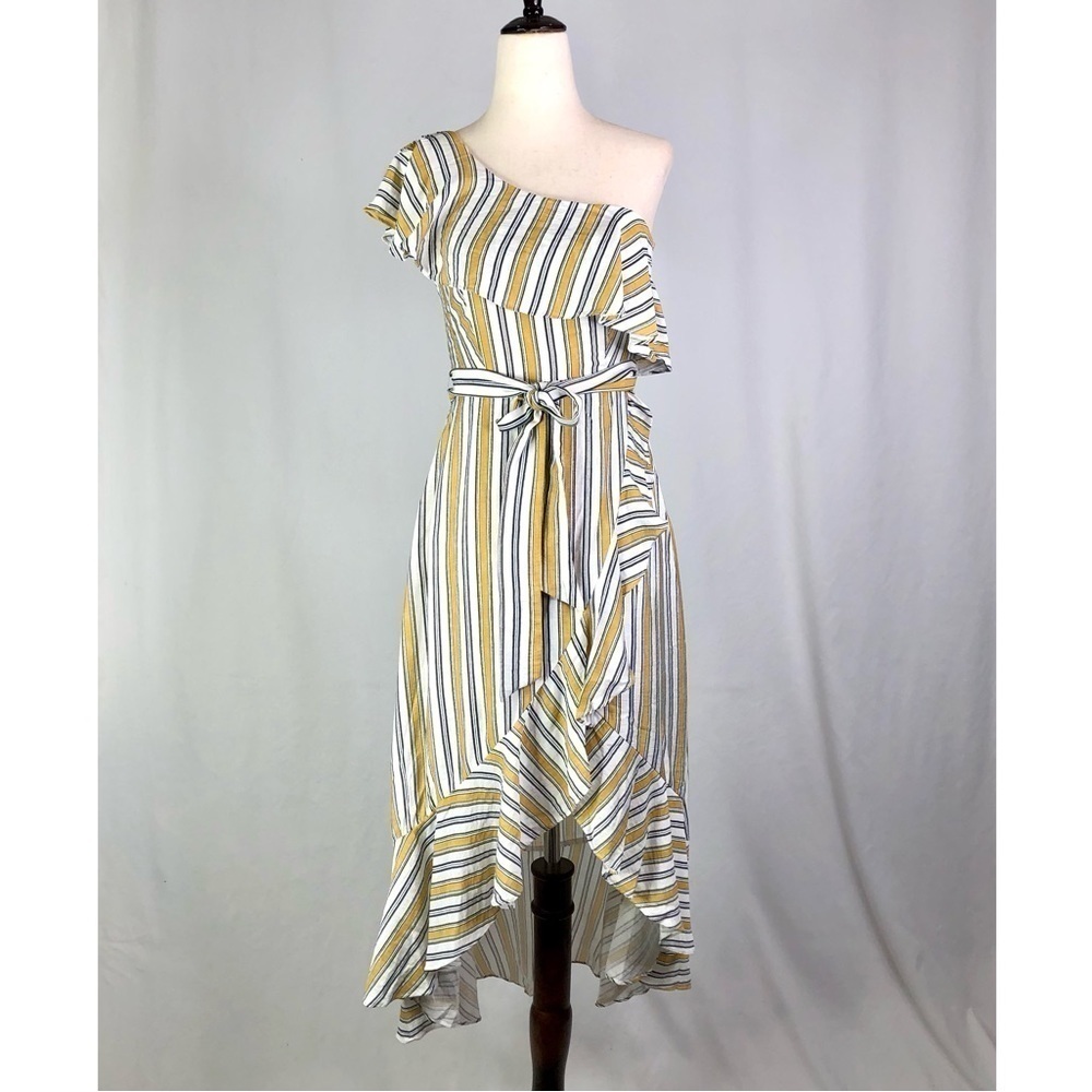 Lulu's one shoulder ruffled dress high low split front yellow white stripes XS